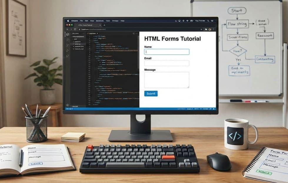 Illustration of HTML forms tutorial with coding examples